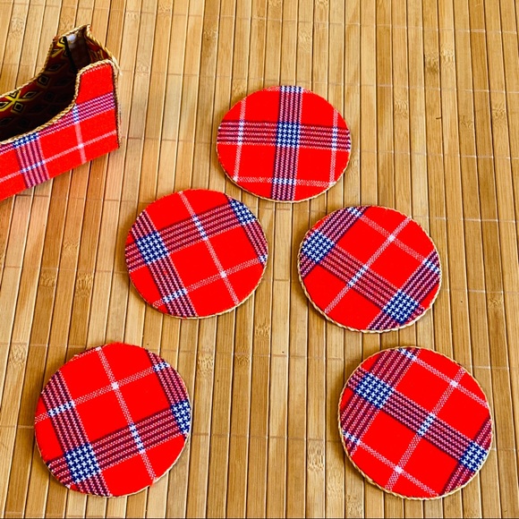 Vintage Handmade Plaid & Caning 5 pc + Holder Coasters Set - Picture 5 of 8